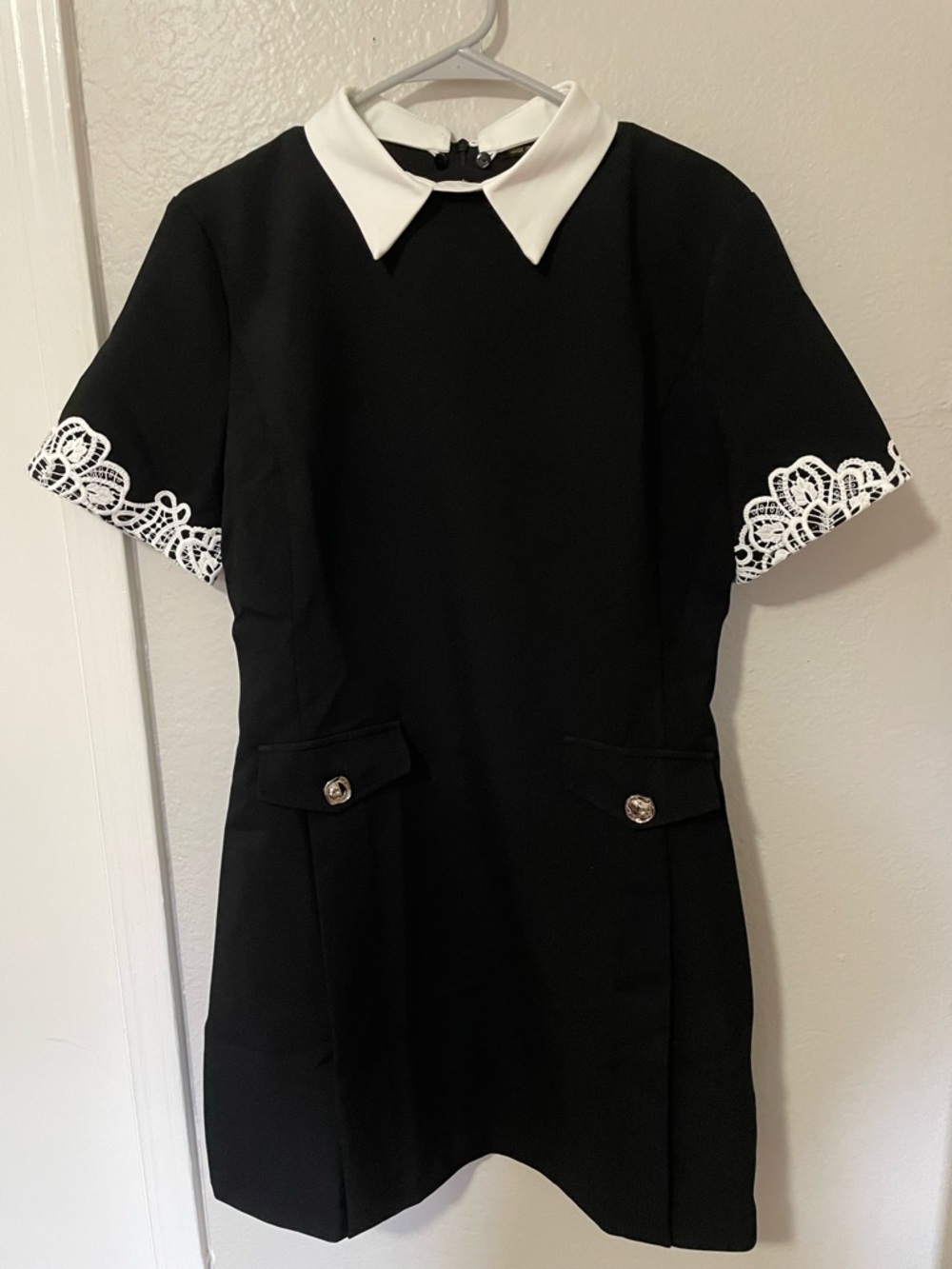 Saturday Club Black Dress with White Collar and Lace Trim